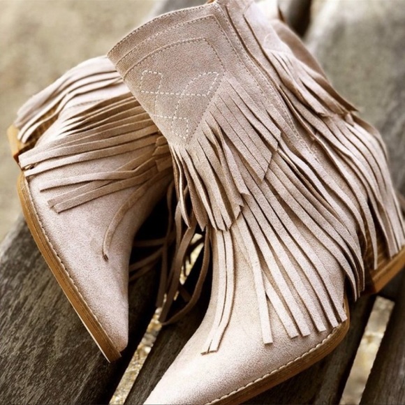 New Boho Faux Suede Taupe Fringed Block Heel Booties - Picture 9 of 9